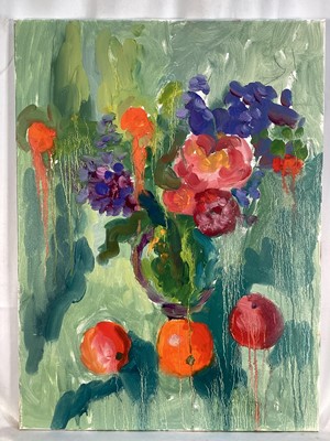 Lot 117 - Annelise Firth (b.1961) oil on canvas - Flowers and Three Oranges, signed titled and dated 2024 verso, 61cm x 46cm, unframed