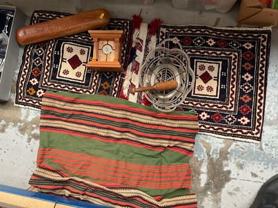 Lot 622 - Sundry items, including an Eastern saddle rug, another Eastern textile, wirework bowl, drinking glasses, etc