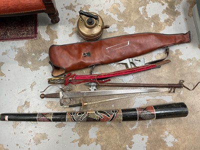 Lot 386 - Sundry items, including reproduction weapons, didgeridoo, brass kettle, and a gun case