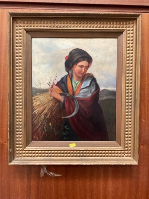 Lot 390 - 19th century oil painting of a girl with a sheaf of wheat, 41cm x 33cm