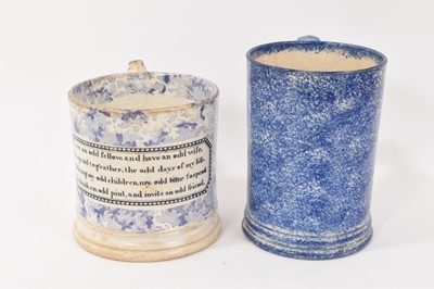 Lot 296 - 19th century pottery mug, printed with a comical poem, on a seaweed patterned ground, 13cm high