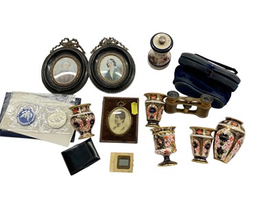 Lot 16 - A pair of portrait miniatures on ivory, Crown Derby, opera glasses etc