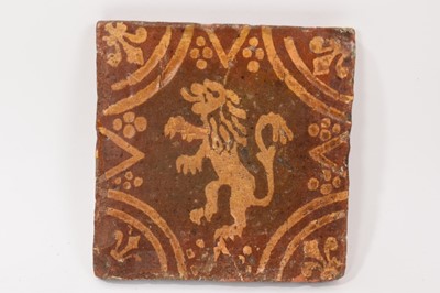 Lot 300 - Medieval encaustic tile, decorated with a rampant lion, 14.5cm sqaure