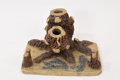 Lot 37 - Unusual late 19th century salt glazed stoneware inkstand, in the form of tree trunks on a rectangular base, with pen rest and two inkwells, 16.5cm wide