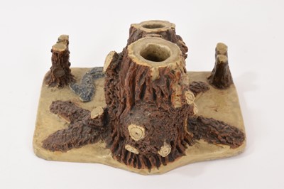 Lot 37 - Unusual late 19th century salt glazed stoneware inkstand, in the form of tree trunks on a rectangular base, with pen rest and two inkwells, 16.5cm wide