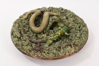 Lot 306 - Palissy ware dish, marked 'M. Mafra Caldas Portugal', decorated with a snake, lizards, and a beetle, 30cm diameter