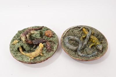 Lot 307 - Near pair of Portuguese Palissy ware dishes, decorated with lizards, snakes, and other reptiles, one marked M. Mafra Caldas, the other with unidentified mark, 22cm and 23cm diameter