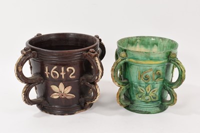 Lot 308 - Two Castle Hedingham pottery tygs, both with spurious dates of 1612, marks to bases, 17cm and 17.5cm high