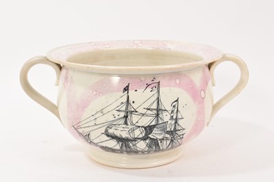 Lot 384 - 19th century Sunderland lustre two handled chamber pot, with panel of verse 'Marriage this pot it is a present sent, some mirth to make is only meant, we hope the sam...