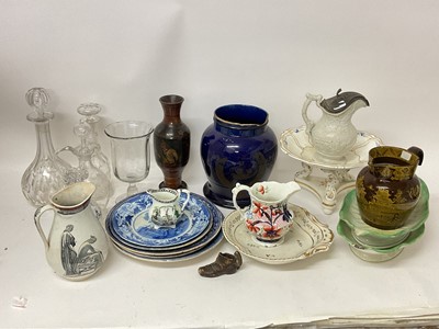 Lot 780 - Group of 19th century ceramics and glass, including two Wedgwood pearlware leaf dishes, Crown Derby centrepiece, etc