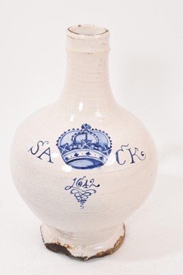 Lot 330 - Blue and white delftware Sack jug, inscribed with the date 1642 but dates from later, 21cm high