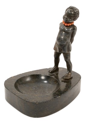 Lot 1167 - Antique Franz Bergman-style cast metal figure of a boy, wearing a coral necklace, on a black marble recessed base, 14.5cm high