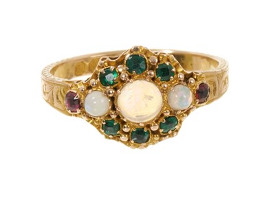 Lot 640 - Victorian 15ct gold opal, emerald and garnet cluster ring