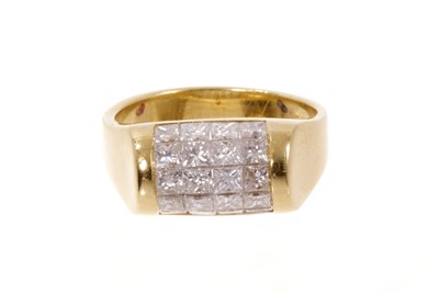 Lot 720 - Art Deco style diamond ring with a bombé cluster of invisibly set princess cut diamonds in 18ct gold setting