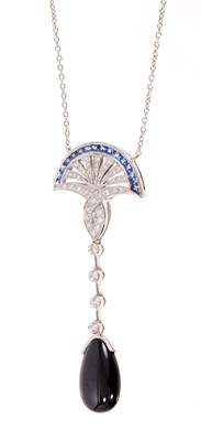 Lot 726 - Art Deco style diamond and sapphire necklace with a diamond and black onyx pendant drop