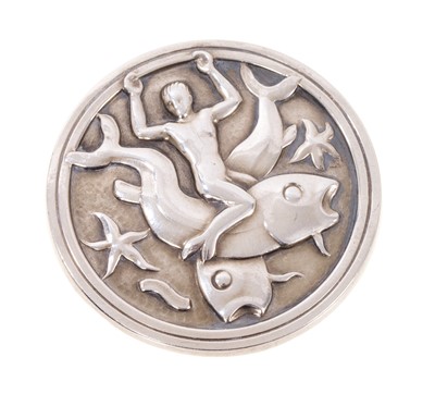 Lot 748 - Georg Jensen silver circular plaque brooch depicting a merman, fish and star fish, no. 285, 41mm diameter