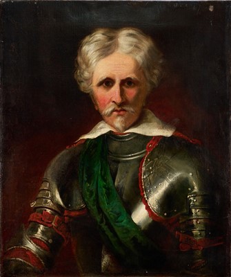 Lot 1410 - English School, early 19th century, oil on canvas, portrait of a knight in armour, unframed, 76cm x 63cm