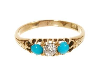 Lot 641 - Victorian diamond and turquoise three stone ring with a central old cut diamond flanked by two turquoise cabochons in 18ct gold setting