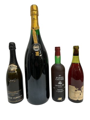 Lot 185 - Four bottles: Porto Calem Colheita 1965 Reseve port, Château de Bligny champagne, jeroboam of unlabelled champagne and a bottle of Clos Saint Denis 1984 (4)