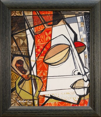 Lot 1394 - Gbenga Offo (Nigerian, b.1957) acrylic on canvas - Head, signed and dated 2000, 55cm x 45cm, framed