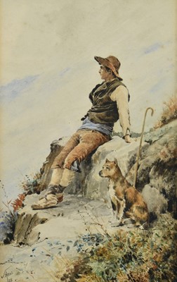 Lot 1437 - Santiago Arcos y Megalde (Chilean 1865-1912) watercolour - a shepherd and his dog, signed and dated '97, 22cm x 14cm, in glazed gilt frame