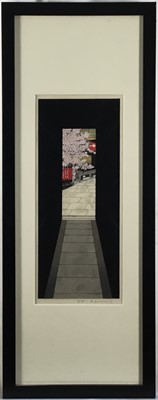 Lot 144 - Japanese woodblock signed in pencil, 32cm x 13cm, in glazed frame