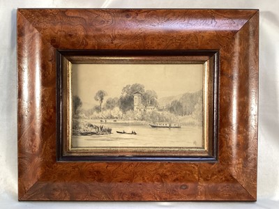 Lot 140 - Henry Pilleau (1815-1899) pencil and ink - Landscape, monogrammed bottom right, 12cm x18cm, in glazed frame