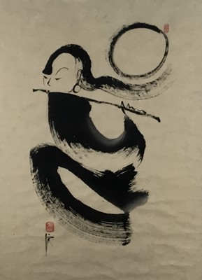 Lot 145 - Three Japanese brush and ink pictures - the largest 78cm x 52cm, another 73cm x 49cm, the smallest 48cm x 23cm, in glazed frames (3)