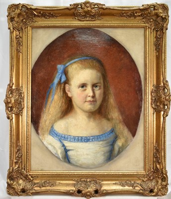 Lot 1449 - English School, 19th century, oil on canvas, head and shoulders portrait of a young lady, 51cm x 41cm, in gilt frame