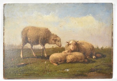 Lot 1422 - Cornelius Van Leemputten (1841 - 1902) oil on panel, sheep in a landscape, signed, unframed. 17 x 24cm.