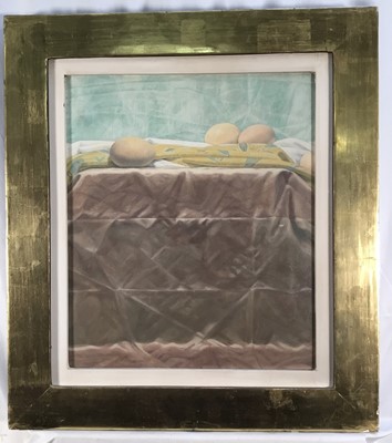 Lot 48 - Oil on board still life - three eggs on a tablecloth