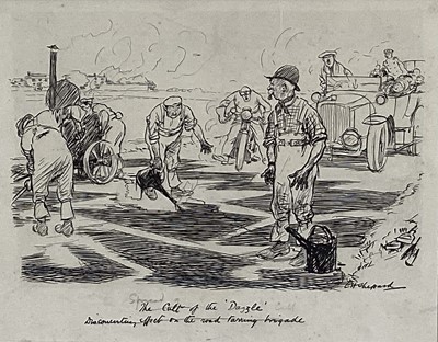 Lot 61 - Ernest Howard Shepard (1879-1976) pen and ink illustration - "Spread of the 'Dazzle'. Disconcerting Effect on the road tarring brigade", signed, inscribed verso, in glazed frame