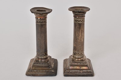 Lot 472 - Pair late 18th century silver candlesticks with fluted columns on stepped square bases