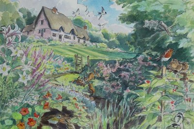 Lot 41 - Peter Partington, contemporary, signed pencil and watercolour - spring time garden with birds and animals, in glazed frame, 30cm x 46cm Illustrated: Secret Lives Of Garden Wildlife