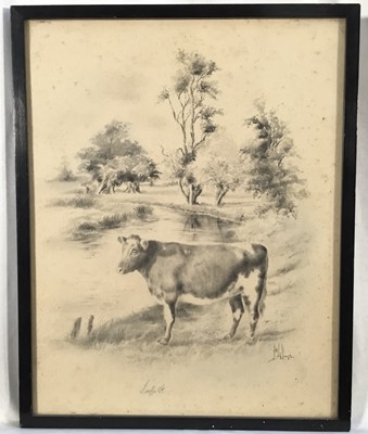 Lot 200 - Herbert Wynn Hellings (1873-1948) pencil, cow before a river, signed and inscribed 'Suffolk', 30 x 23cm, glazed frame