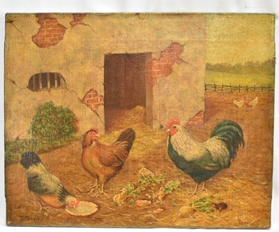 Lot 1416 - D Davis, early 20th century oil on canvas, naieve farmyard scene with hens, signed 31 x 40cm