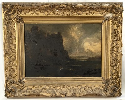 Lot 201 - English School, early 19th century oil on panel, landscape with castle, 25 x 33cm, various oil labels verso, in gilt frame