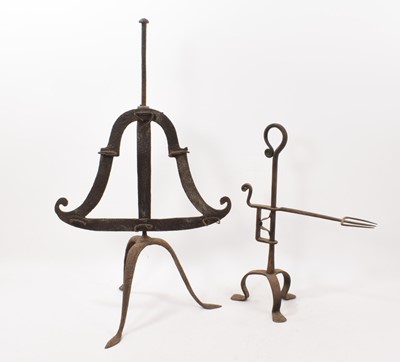 Lot 1006 - 18th century wrought iron lark spit, on tripod base, 68cm high