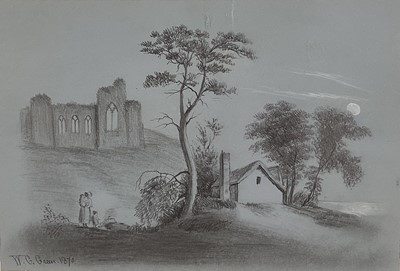 Lot 15 - W G Green Victorian English School pencil study of figures before Abbey ruins, signed and dated 1870, in glazed gilt frame