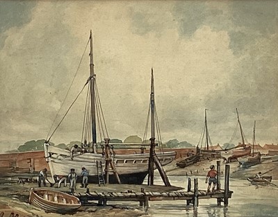 Lot 45 - Early twentieth century English School watercolour study - figures and boats in a harbour, framed and glazed