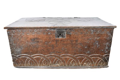 Lot 1501 - 18th century Bible box, with vase of flowers to the cover centred by GR monogram, pin hinges and arcade carved front, 59cm wide x 28cm deep x 24cm high