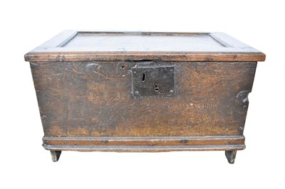 Lot 1502 - 18th century oak coffer of small size, with panelled top, raised on stiles, 54cm wide x 34cm deep x 33cm high