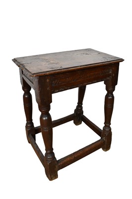 Lot 1504 - Good 17th century oak joint stool, with moulded rectangular top on scratch carved frieze and slightly splayed baluster legs united by stretchers