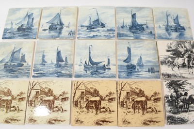 Lot 313 - Set of nine Dutch blue and white Delft tiles painted with marine subjects, apparently dated 1927, together with six Minton and other tiles printed with animals (15)