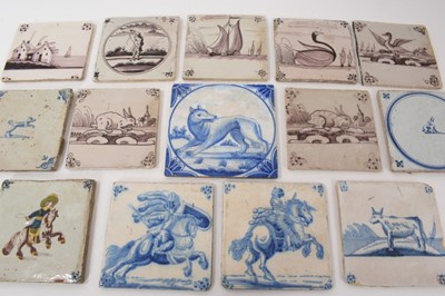 Lot 314 - Fourteen Dutch Delft tiles, mostly 18th century, including blue and white, polychrome and manganese, various subjects (14)