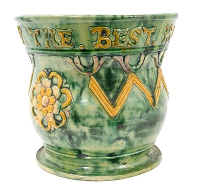 Lot 318 - Castle Hedingham pottery vase/jardinière, in tones of green and yellow, motto around the edge, various marks to base, 20cm high