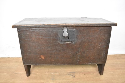 Lot 1522 - 17th century six plank coffer of small size, with internal internal candle box and original lock plate, 67cm wide x 29cm deep x 42cm high