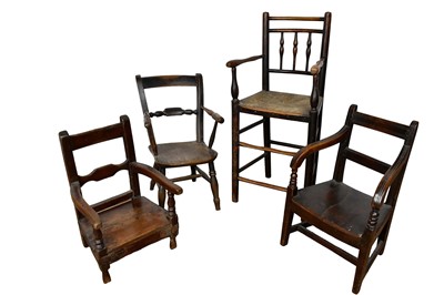 Lot 1523 - Four various early 19th century child's chairs, the first a Regency high chair with caned seat, 82cm high, three others smaller