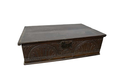 Lot 1525 - 17th century oak Bible box, with pin hinged plank top and carved arcaded frieze, 73cm wide x 48cm deep x 19cm high