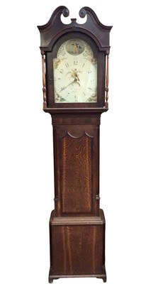 Lot 624 - George III mahogany and fruitwood cross banded longcase clock, by R Musgrave, Dalston, with well painted arched enamel dial, single train movement striking on a bell, with one weight and pendulu...